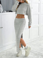 Women Casual Solid Color Batwing Sleeve Crop Top & Side Slit Skirt 2pcs Set, For Autumn